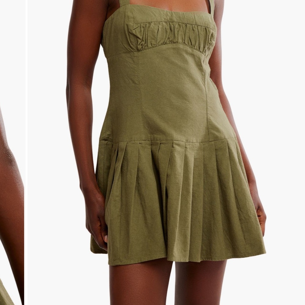 Free People Green Ruched Pleated Mini Sundress